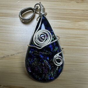 Vintage Dichroic Foiled Tear Drop Glass Pendant Sterling Silver Wire Wrap Artsy